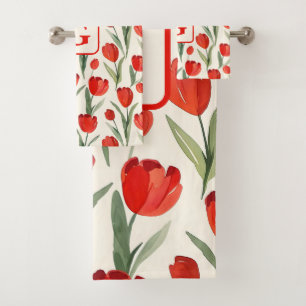 Red tulip pattern personalised monogram bath towel set