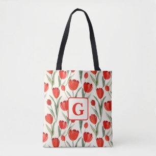Red tulip pattern personalised monogram tote bag