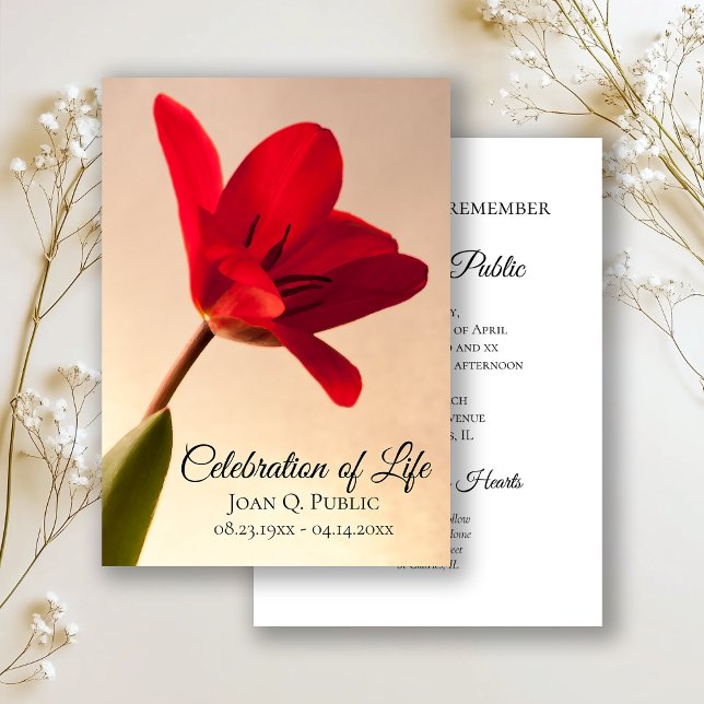 Red Tulip Spring Celebration of Life Funeral Invitation (Creator Uploaded)