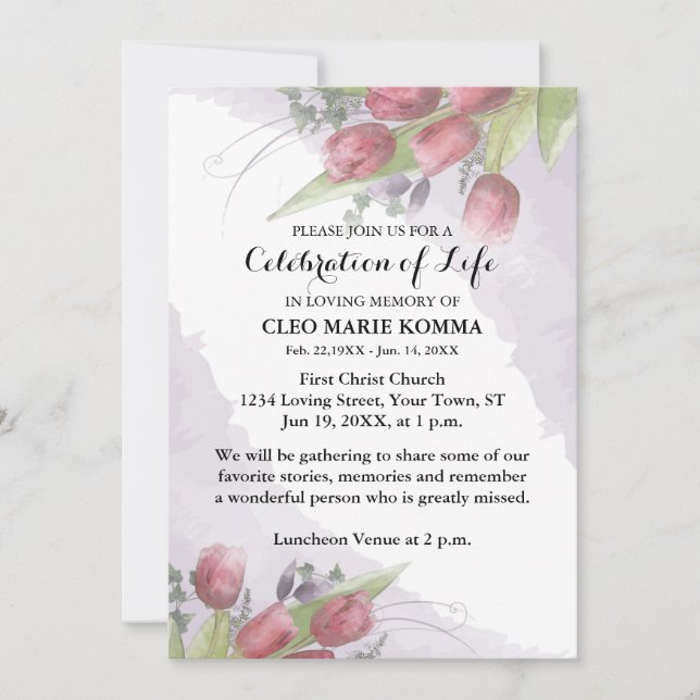 Red Tulip Watercolor Memorial Invitation (Front)