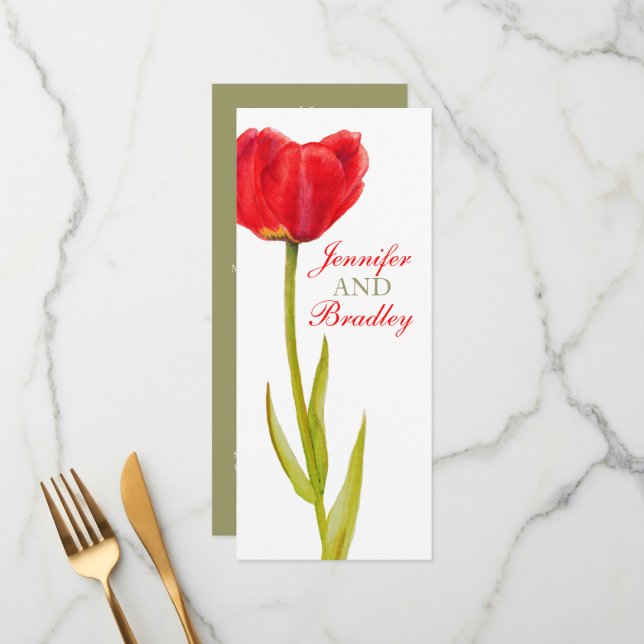 Red tulip wedding green reception dinner menu (Front/Back In Situ)