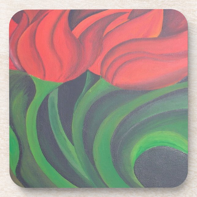 Red Tulips Abstract Art Coaster (Front)