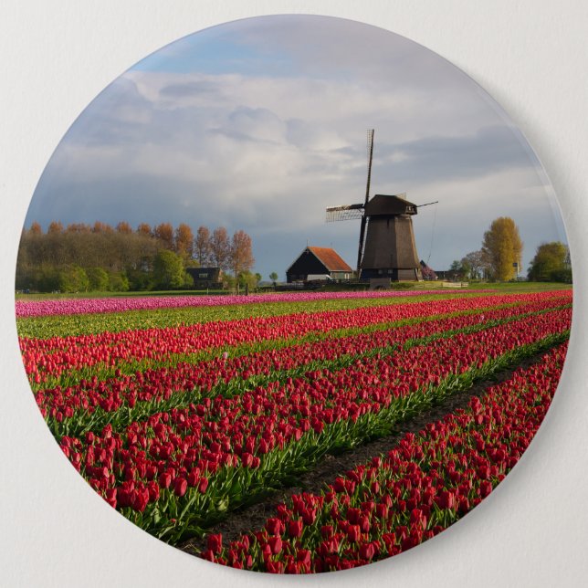 Red tulips and a windmill 6 cm round badge (Front)