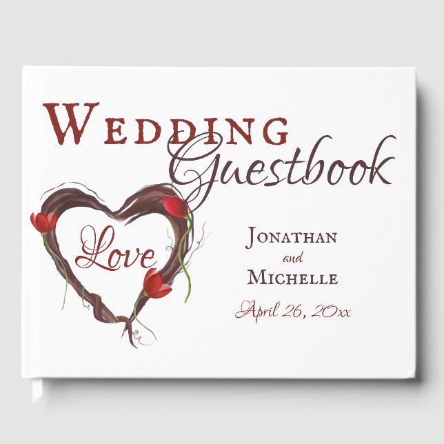 Red Tulips and Heart Wreath Spring Love Wedding Guest Book (Front)