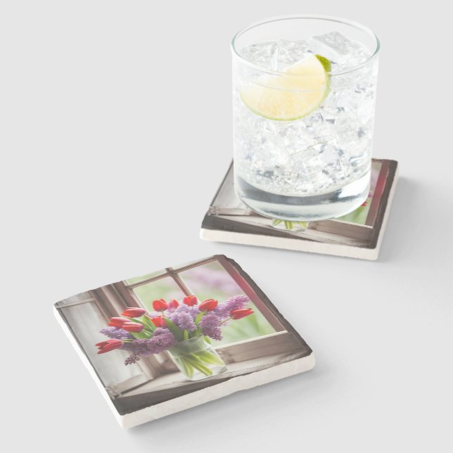 Red Tulips and Lilac Bouquet Stone Coaster (Side)
