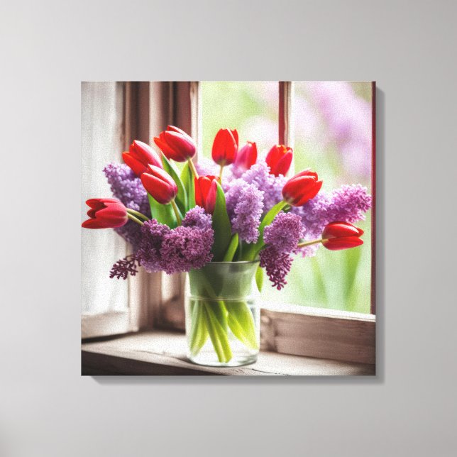 Red Tulips and Lilacs In Window Canvas Print (Front)