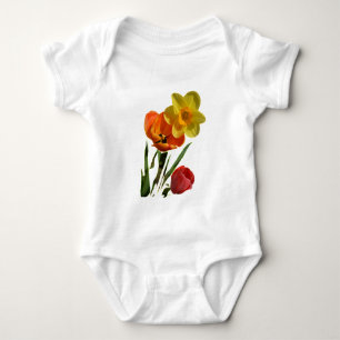 Red tulips and yellow daffodil flowers baby bodysuit