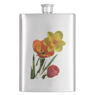 Red tulips and yellow daffodil flowers hip flask