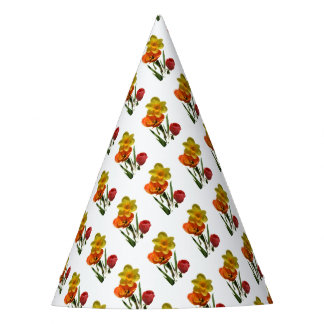 Red tulips and yellow daffodil flowers party hat