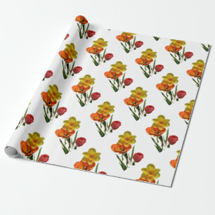 Red tulips and yellow daffodil flowers wrapping paper