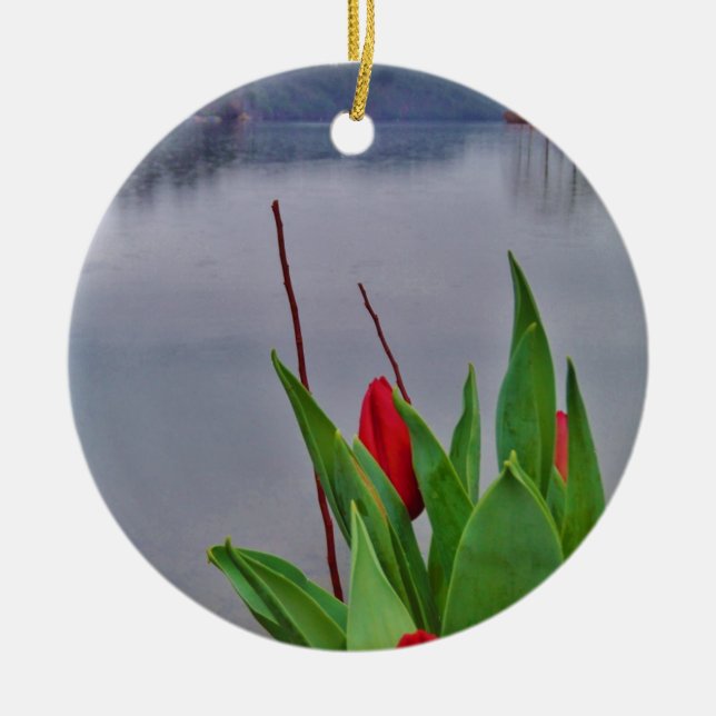 Red Tulips Blue Lake Arrowhead water Ceramic Tree Decoration (Front)