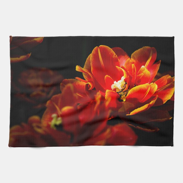 Red tulips dark background tea towel (Horizontal)