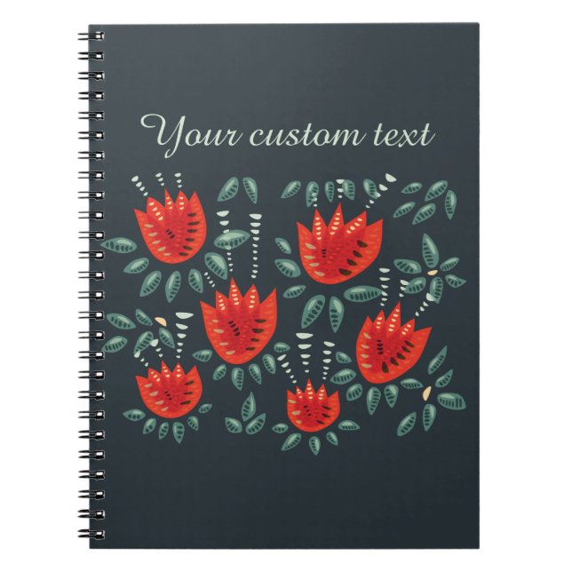 Red Tulips Dark Floral Pattern Custom Text Spiral Notebook (Front)