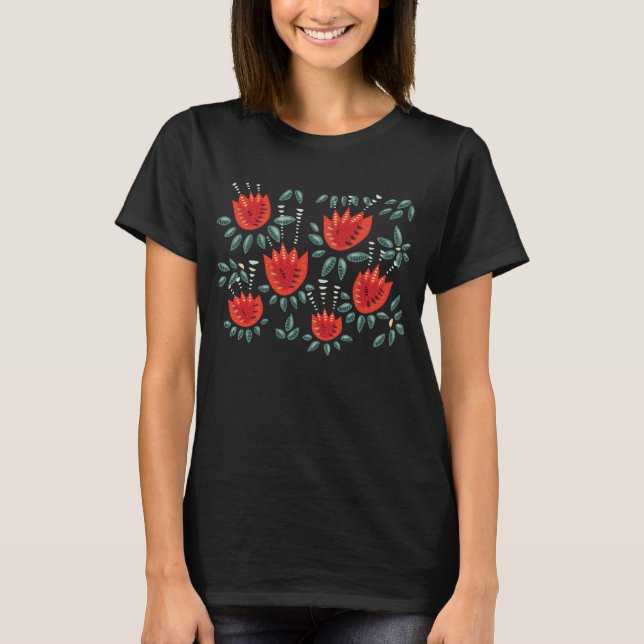 Red Tulips Decorative Abstract Dark Floral Pattern T-Shirt (Front)