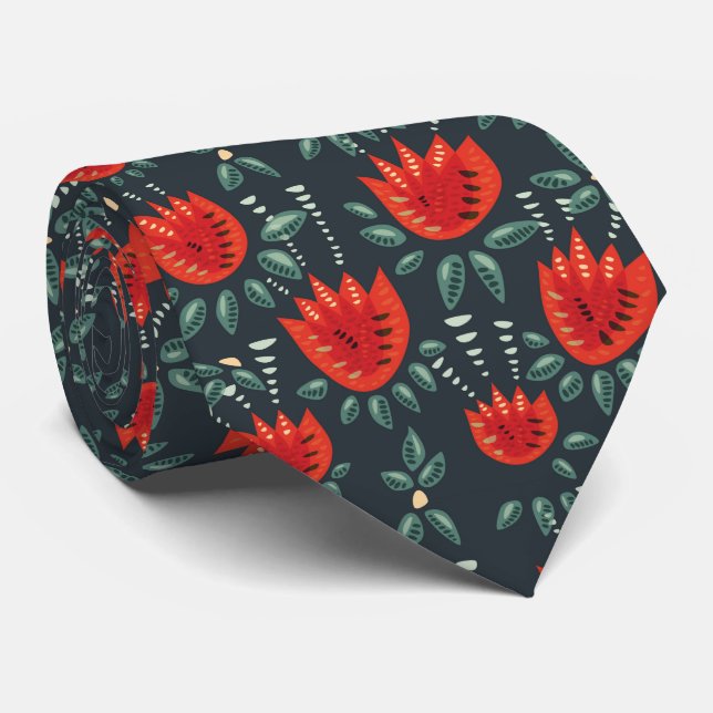 Red Tulips Decorative Abstract Dark Floral Pattern Tie (Rolled)
