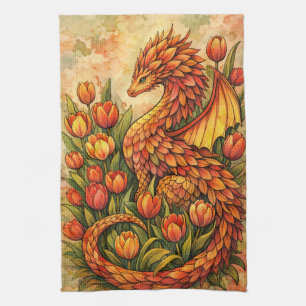 Red Tulips Dragon Spring Dragons Tea Towel