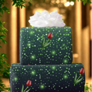 Red Tulips & Green Sparkle Gradient Gorgeous Wrapping Paper