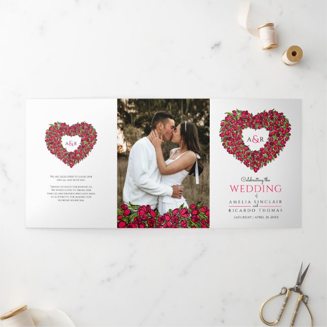 Red tulips heart ink art love story photos wedding Tri-Fold programme (Outside)