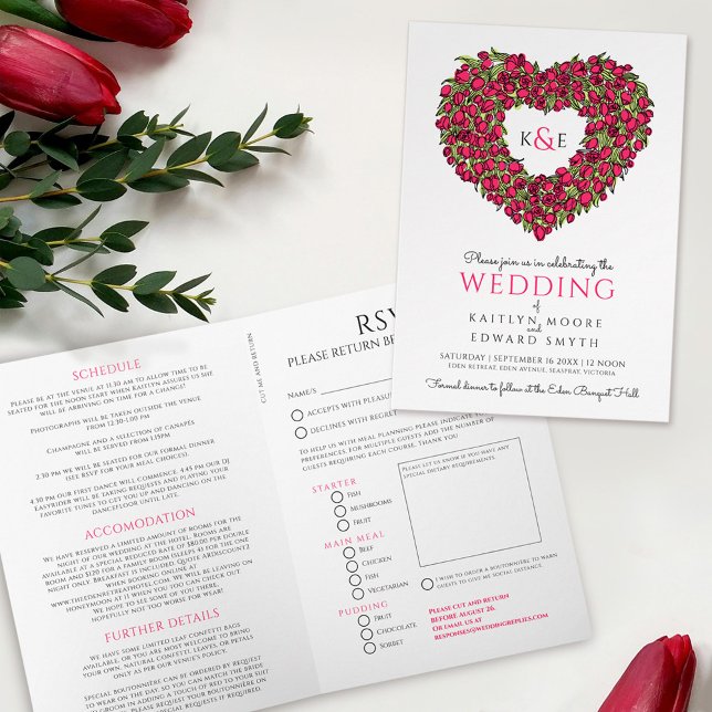 Red tulips heart wedding all-in-one folded invitation (Creator Uploaded)