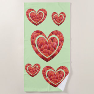 Red Tulips Hearts Cust. Backgr. Colour Beach Towel