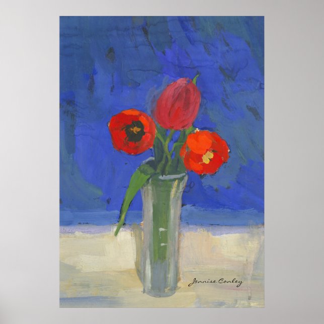 Red tulips in Blue Poster (Front)