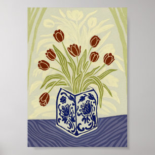 Red Tulips in Blue Square Chinoiserie Vase Poster