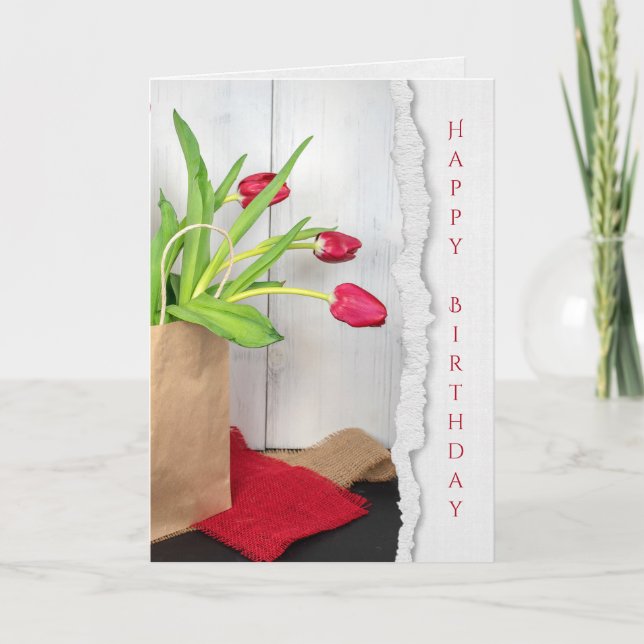 red tulips in brown bag birthday card (Front)