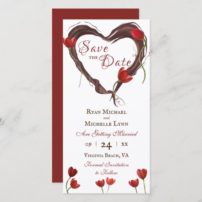Red Tulips, Love Heart Wreath w/ Red Back Wedding Save The Date (Front/Back)