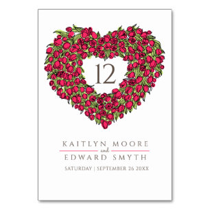 Red tulips monogram wedding custom table number