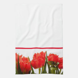 Red Tulips on a Solid White Kitchen Towel