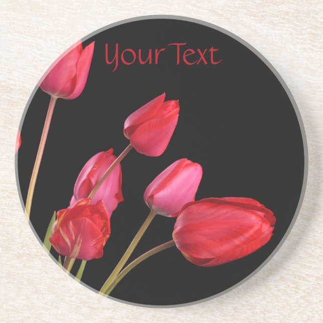 "Red Tulips on Black" Drink Coaster (Front)