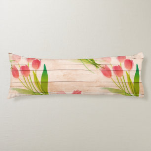 Red Tulips on Clean Wood Background Body Cushion