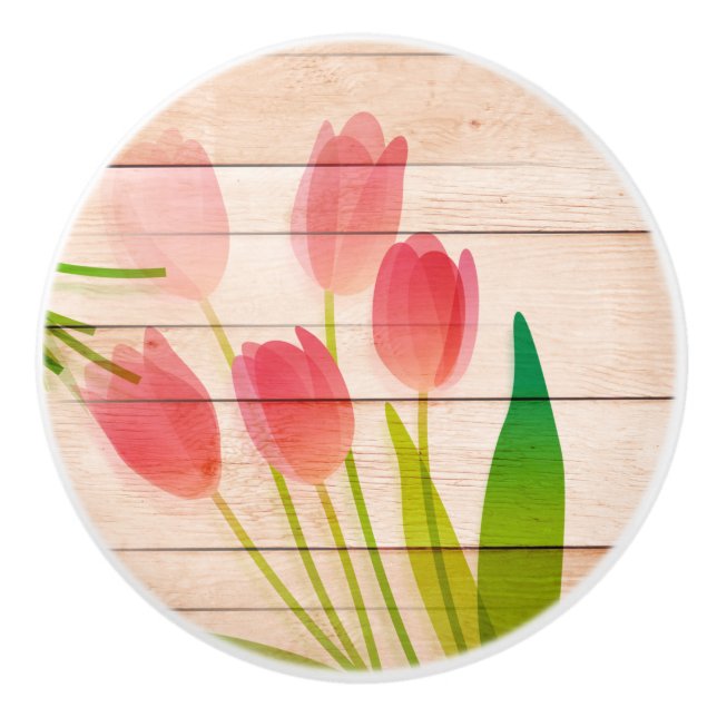 Red Tulips on Clean Wood Background Ceramic Knob (Front)