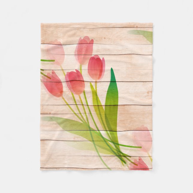 Red Tulips on Clean Wood Background Fleece Blanket (Front)