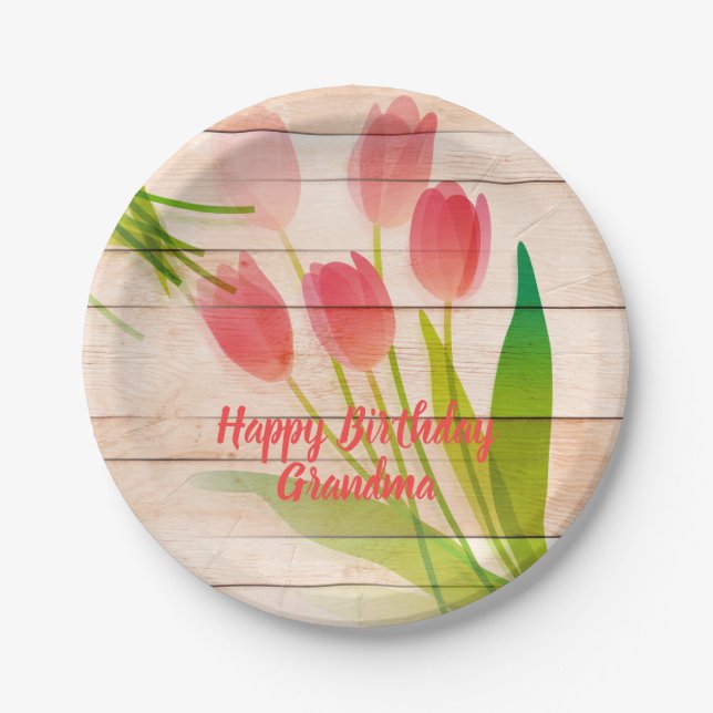 Red Tulips on Clean Wood Background Paper Plate (Front)