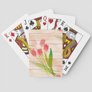 Red Tulips on Clean Wood Background Playing Cards