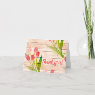 Red Tulips on Clean Wood Background Thank You Card