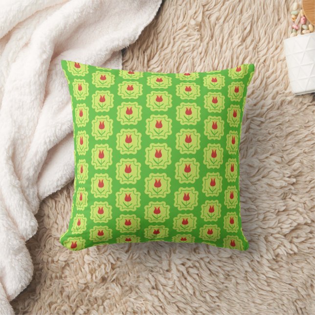Red Tulips on Green - Retro Spring Floral Pattern Cushion (Blanket)