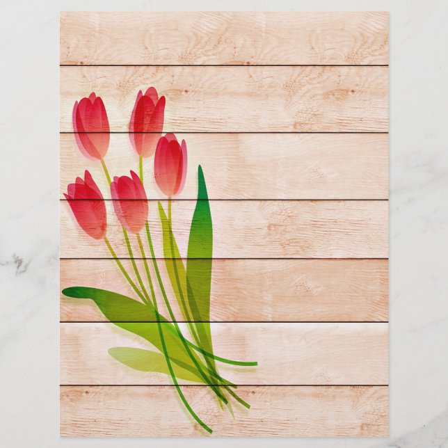 Red tulips on wood (Front)