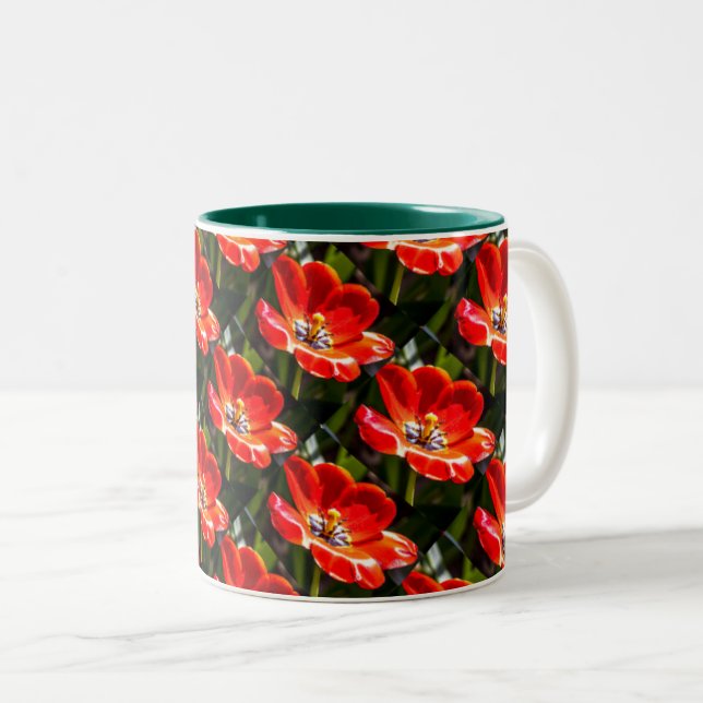 Red Tulips Pattern Two-Tone Coffee Mug (Front Right)
