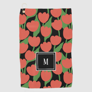 Red tulips retro, personalised monogram golf towel