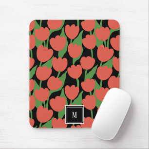 Red tulips retro, personalised monogram  mouse pad