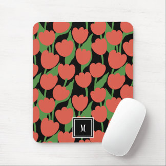 Red tulips retro, personalised monogram  mouse pad