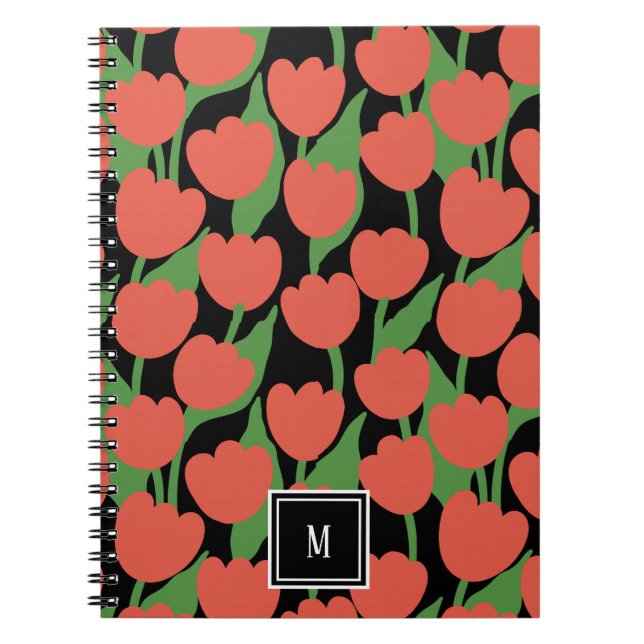 Red tulips retro, personalised monogram  notebook (Front)