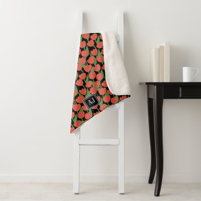 Red tulips retro, personalised  sherpa blanket (In Situ)