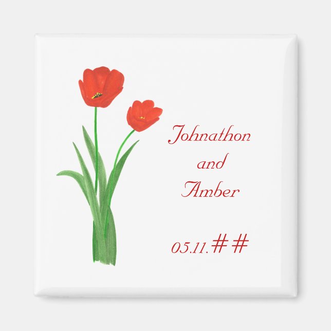 Red Tulips Save the date Wedding Magnets (Front)