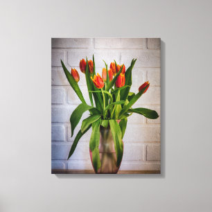 Red Tulips White Brick Wall Canvas Print