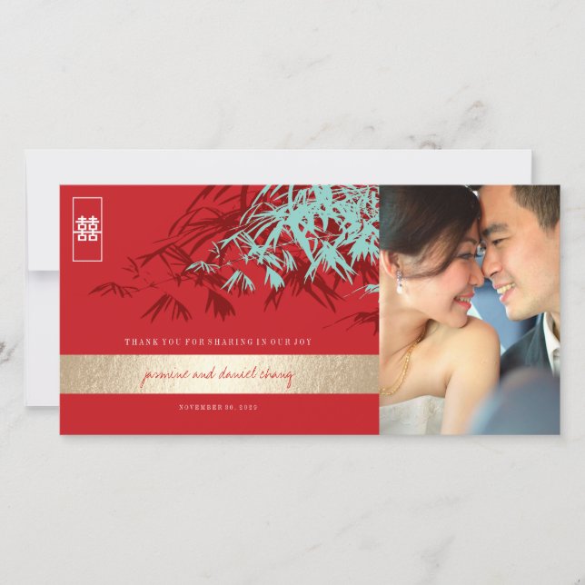 Red Turquoise Bamboo Leaves Chinese Wedding Photo Thank You Card (Front)