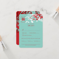 Red & Turquoise Bamboo Leaves Chinese Wedding RSVP
