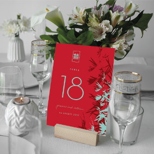 Red & Turquoise Bamboo Leaves Shuang Xi Wedding Table Number